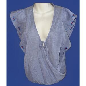 Lovestitch Cotton Pin Stripe Wrap Blouse Embroidered Flutter Sleeve Top Small
